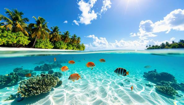 青い空、南国のビーチと水中の熱帯魚 青い空、南国のビーチと水中の熱帯魚の写真