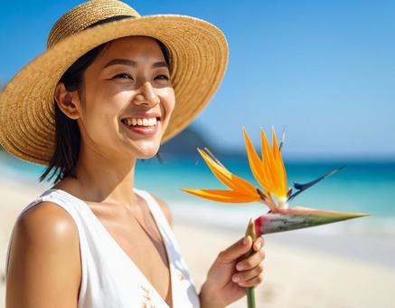 ストレチアの花・夏空と麦わら帽子の彼女 ストレチアの花・夏空と麦わら帽子の彼女の写真