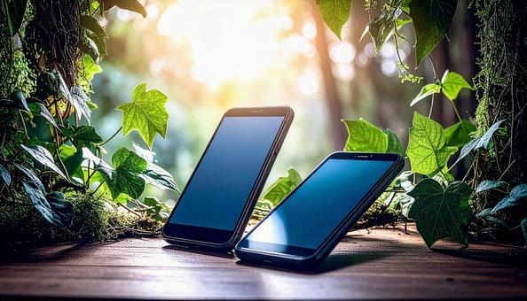 連絡交換のイメージ 机の上の携帯電話二台 連絡交換のイメージ 机の上の携帯電話二台の写真