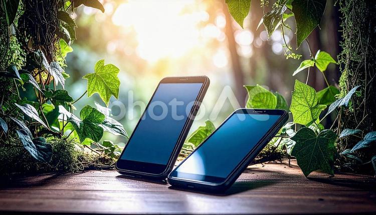 連絡交換のイメージ　机の上の携帯電話二台 連絡,交換,アドレスの写真素材