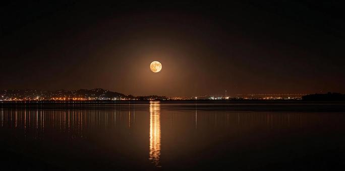 湾に昇る大きな満月と夜景の輝きの写真