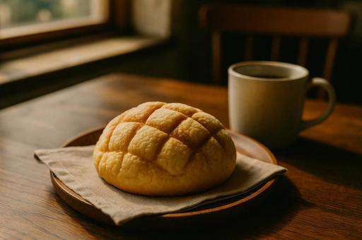 カフェでメロンパンとコーヒー カフェでメロンパンとコーヒーの写真