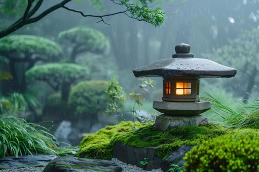 雨に濡れた灯篭と日本庭園 雨に濡れた灯篭と日本庭園の写真