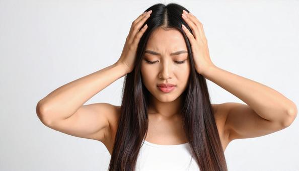 頭を押さえて痛みに耐える若い女性 頭を押さえて痛みに耐える若い女性の写真