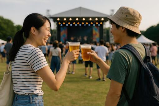フェスで乾杯する友達 フェスで乾杯する友達の写真