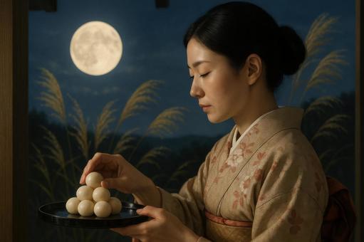 団子を盆に乗せる女性の横顔の写真