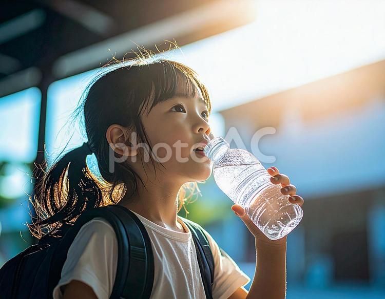 猛暑に水分補給をする女の子 水分補給,熱中症対策,熱中症の写真素材