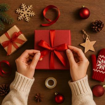 クリスマス包装の手元の写真