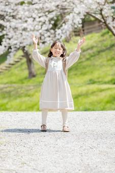 桜並木の下を歩く新一年生 桜並木の下を歩く新一年生 新一年生,一年生,バンザイの写真素材