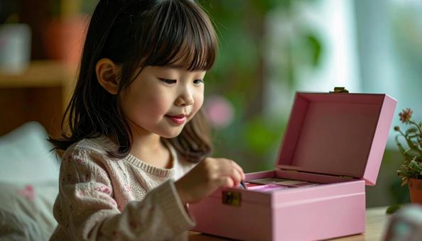 子供用のメイクボックスとメイクする女の子の写真