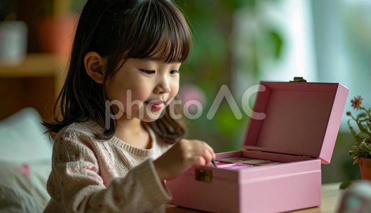子供用のメイクボックスとメイクする女の子 子供メイク,憧れ,化粧の写真素材