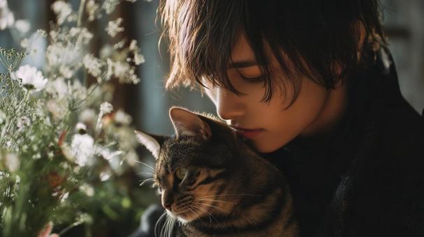 男性と猫 男性と猫の写真