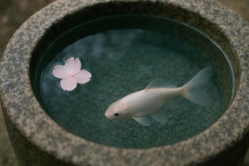 石鉢の白鯉と桜花 石鉢の白鯉と桜花の写真