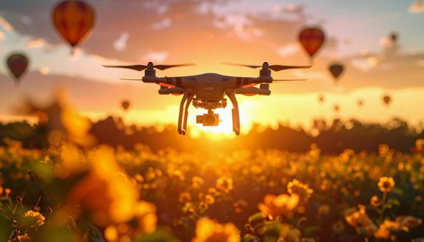 夕焼けの野原を飛行するドローンの写真