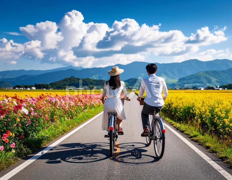 自転車で旅する夏の思い出 サイクリング,自転車,カップルの写真素材