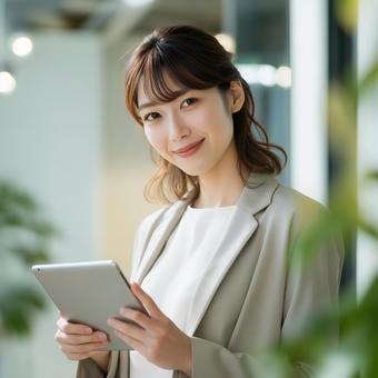 タブレットを持つスーツ姿の女性 タブレットを持つスーツ姿の女性の写真