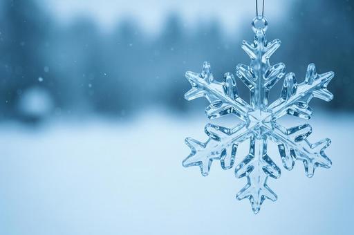 雪景色に吊るされたガラスの雪の結晶 雪景色に吊るされたガラスの雪の結晶の写真