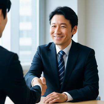 取引先と握手をする中堅社員ビジネスマンの写真