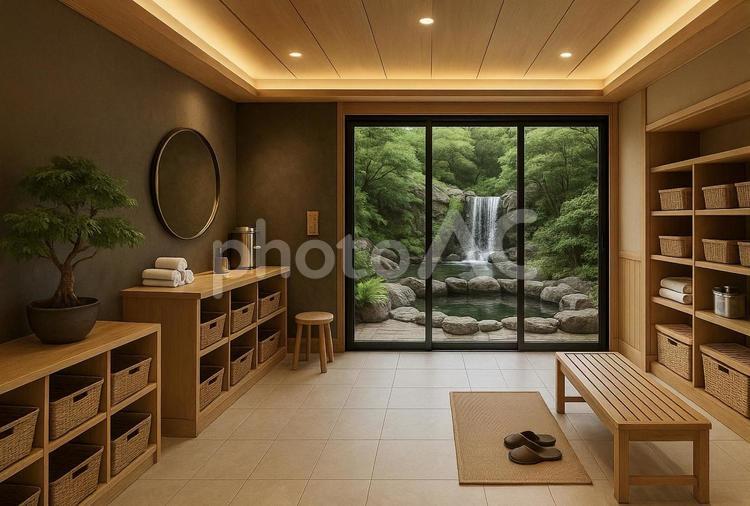 滝の見える温泉施設の脱衣所 温泉,脱衣所,露天風呂の写真素材