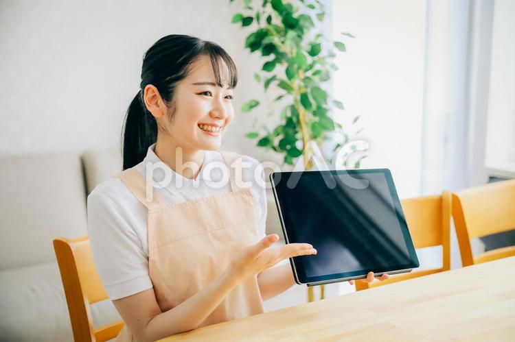 タブレットPCで説明するエプロン姿の女性 介護士,タブレット,看護婦の写真素材