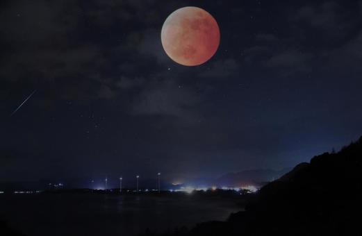 イメージ素材/夜の浅利海岸と赤い満月 イメージ素材/夜の浅利海岸と赤い満月の写真