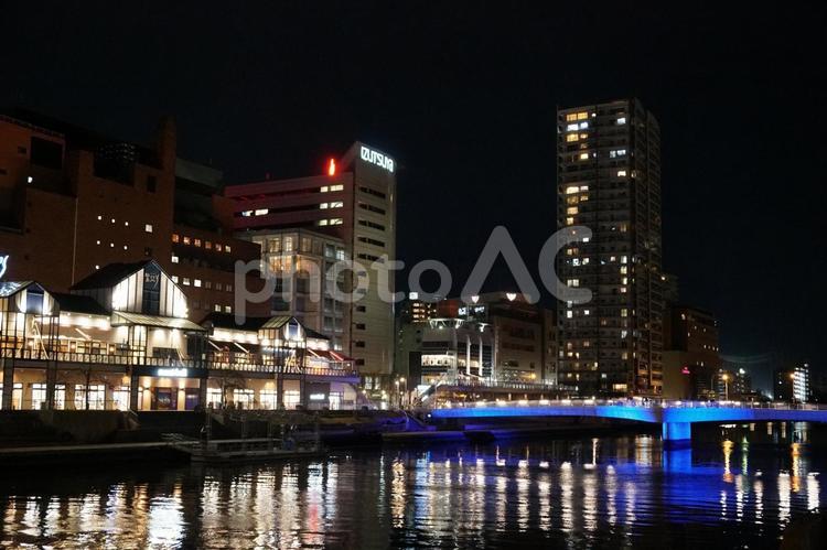 北九州市小倉の市街地と紫川に架かる鷗外橋 北九州,小倉,夜景の写真素材