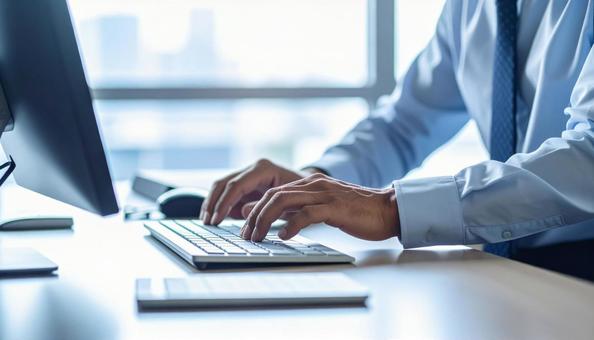 パソコンにキーボード入力する手元　男性の写真