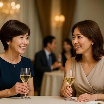 同窓会を楽しむ女性たち 同窓会を楽しむ女性たちの写真
