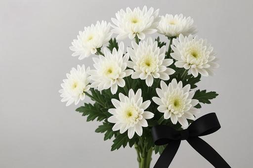 黒リボンを添えた白菊の花束・仏花, 法事 黒リボンを添えた白菊の花束・仏花, 法事の写真