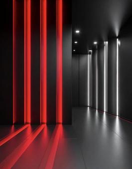 赤と白の光が走る未来的な廊下の写真