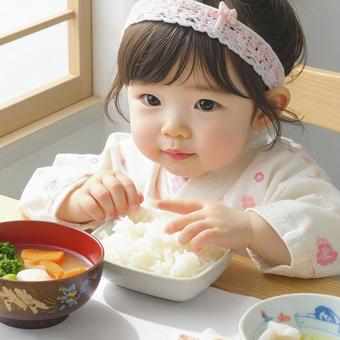 食事中の赤ちゃん AI生成画像 食事中の赤ちゃん AI生成画像 の写真