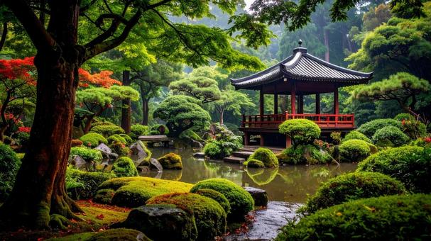 雨上がりの和テイストな緑地公園の風景02の写真