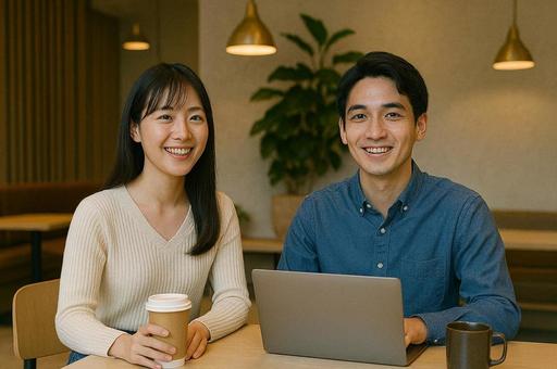 カフェでノートパソコンを触る男女 カフェでノートパソコンを触る男女の写真
