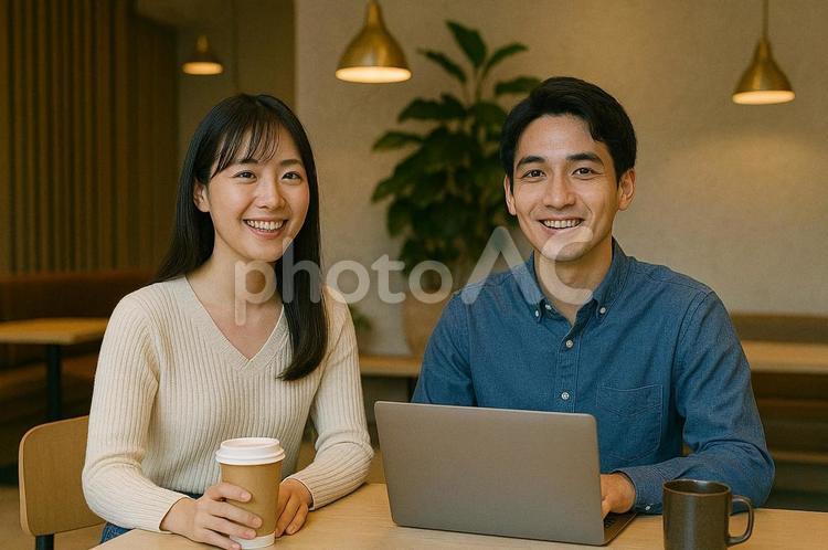 カフェでノートパソコンを触る男女 ノートパソコン,仕事,テーブルの写真素材