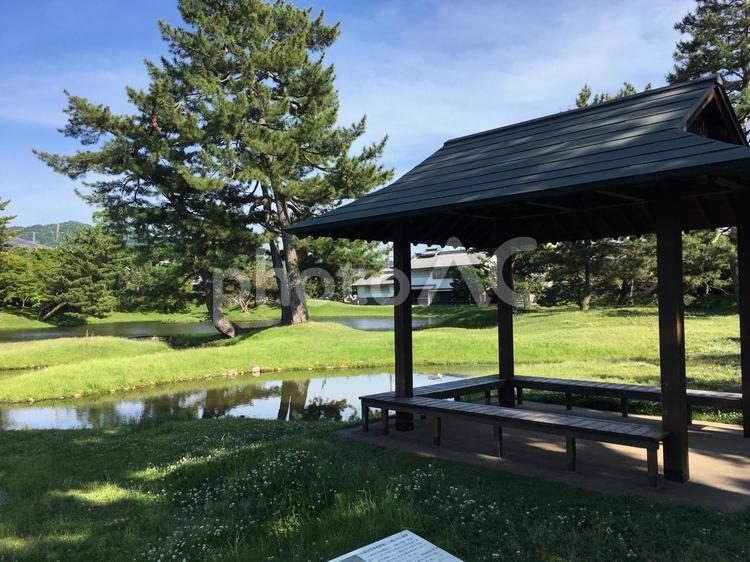 奈良の公園の池と東屋 風景,景色,旅の写真素材