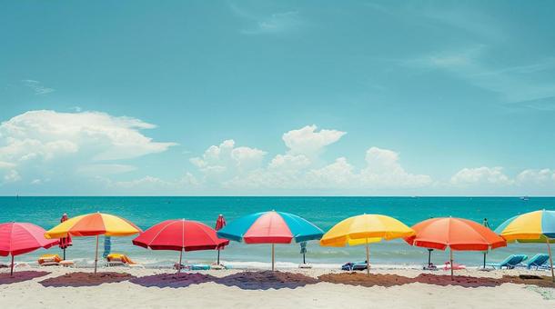 カラフルなパラソルが並ぶ夏のビーチ カラフルなパラソルが並ぶ夏のビーチの写真
