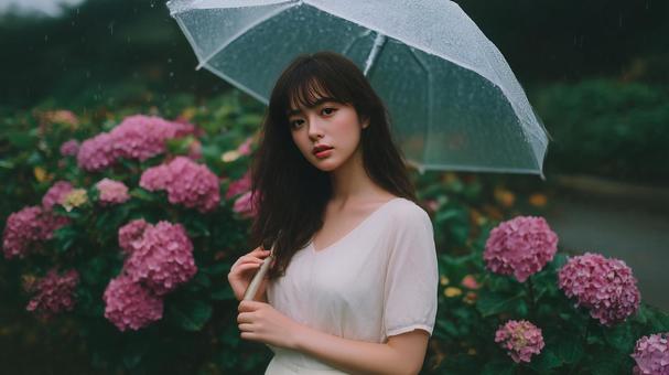 アジサイを背景に傘をさす女性 アジサイを背景に傘をさす女性の写真