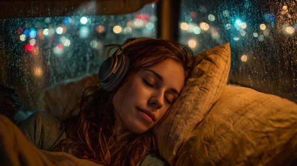 ヘッドホンをして安らかに眠る女性の写真