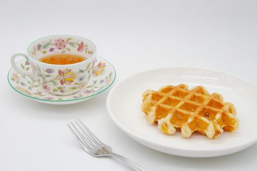 Photo, belgian waffle, black tea, food, 