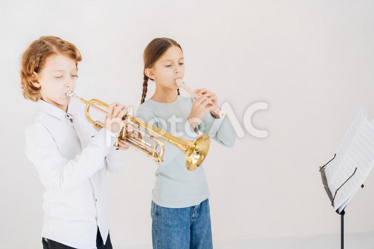 楽譜を見てリコーダーを演奏する女の子とトランペットを演奏する男の子 女の子,男の子,人物の写真素材