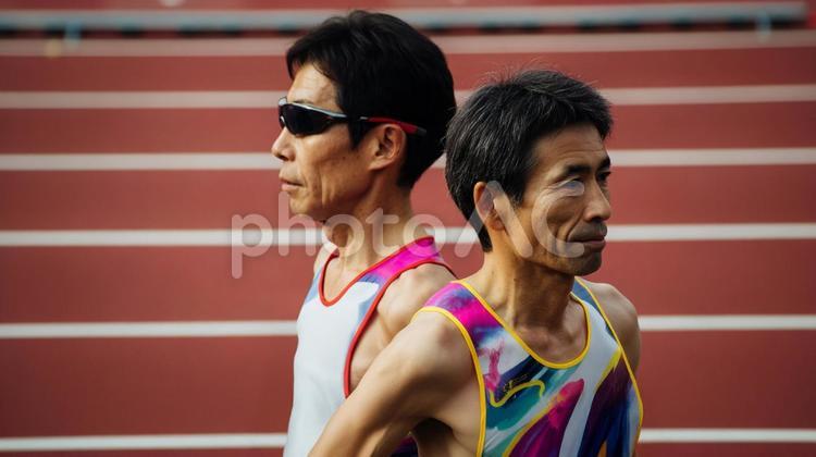 陸上競技を楽しむ中年・シニア男性17 陸上競技,短距離,長距離の写真素材