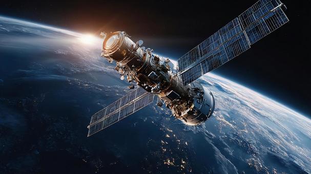 広大な宇宙で輝く地球と衛星 広大な宇宙で輝く地球と衛星の写真