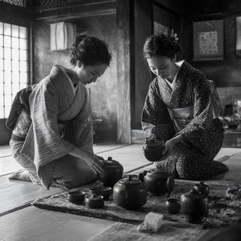 着物姿の女性が茶道を行うモノクロ写真 着物姿の女性が茶道を行うモノクロ写真の写真
