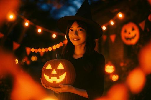 ハロウィンの夜にいる女性の写真