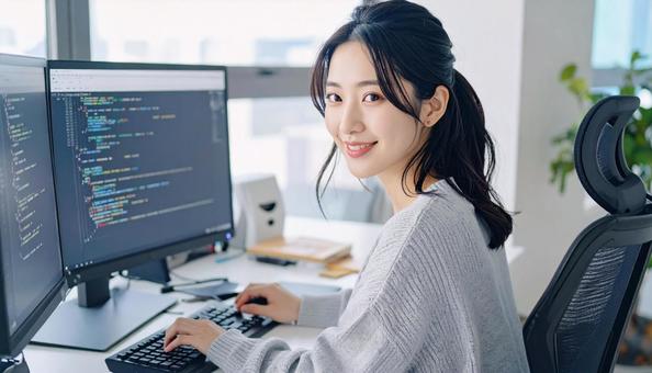 プログラミングをする女性エンジニア プログラミングをする女性エンジニアの写真