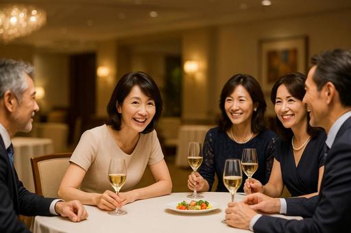 身を乗り出して話を楽しむ女性 身を乗り出して話を楽しむ女性の写真