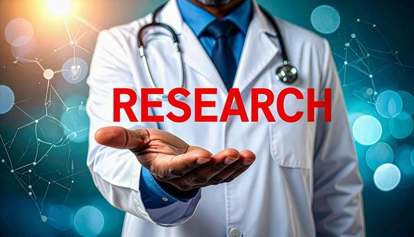 研究「Research」を示す白衣の男性の写真