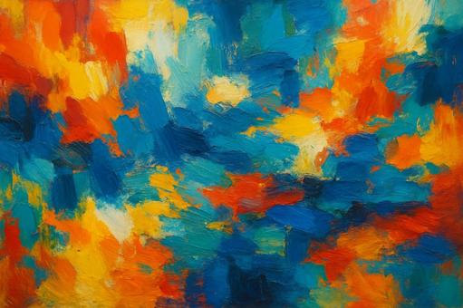 青・赤・オレンジ・黄色の情熱的な抽象絵画 青・赤・オレンジ・黄色の情熱的な抽象絵画の写真