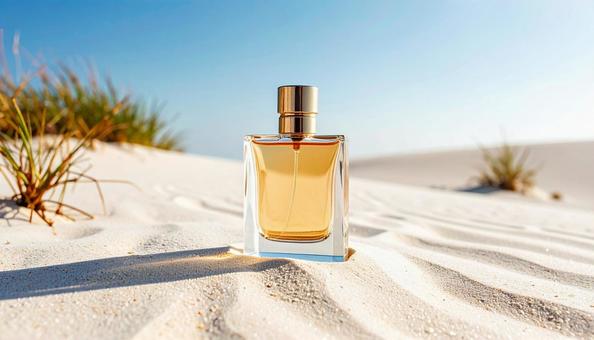 砂漠の上の香水ボトル、コスメイメージの写真