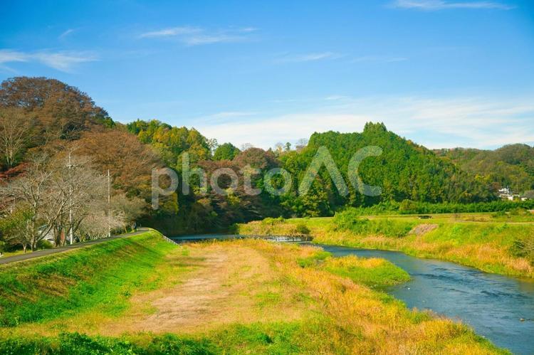田舎の小川のある風景 風景,自然,青空の写真素材